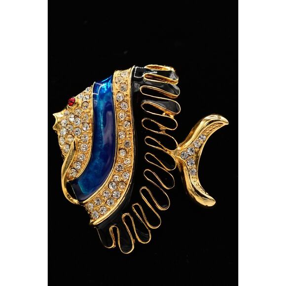 Vintage Fish Pin Brooch Blue Black Enamel Gold Rhinestone Crystal Chunky Bin5A - Picture 1 of 12